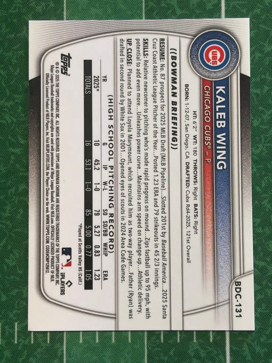 2025 Bowman Draft Chrome Green Grass Refractor #BDC-131 Kaleb Wing Cubs