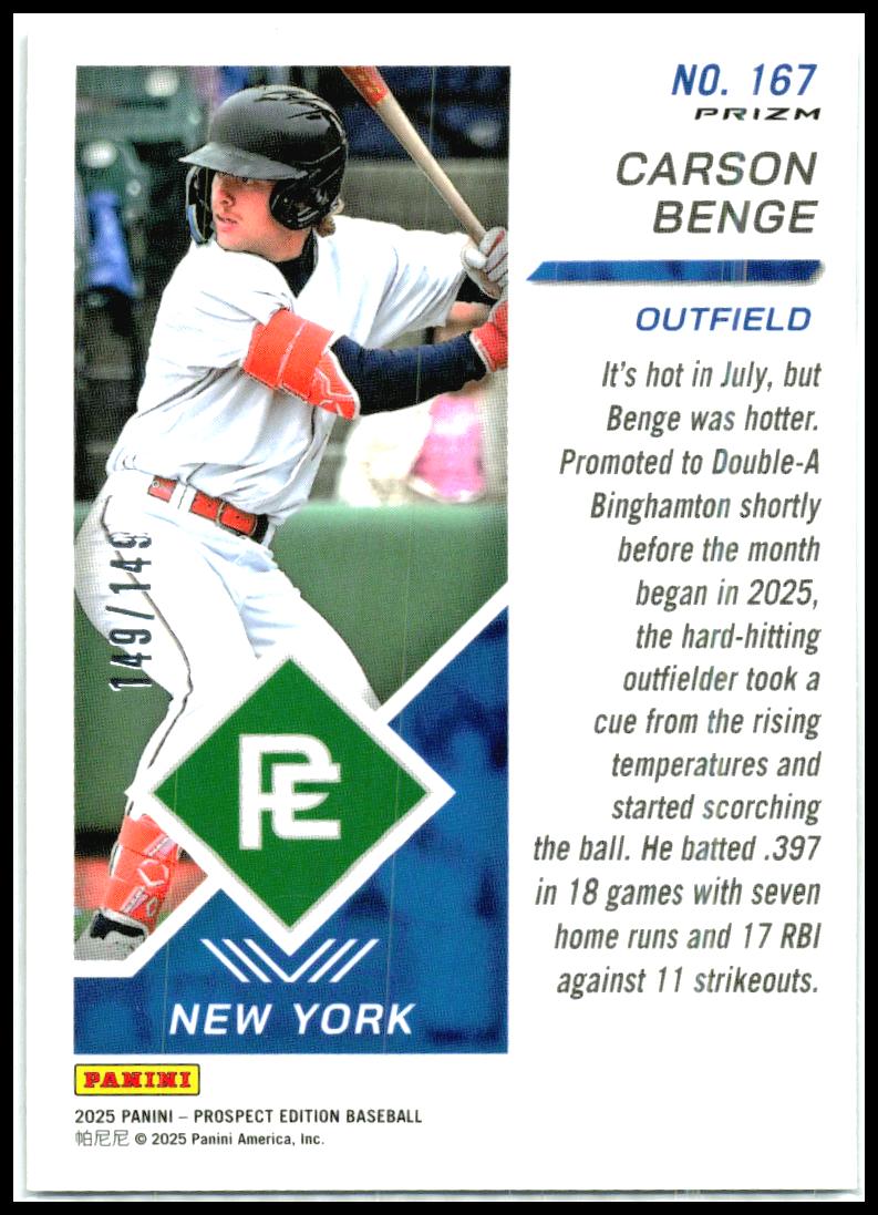 2025 Panini Prospect Edition Holo Prospect Ticket Blue #167 Carson Benge Mets