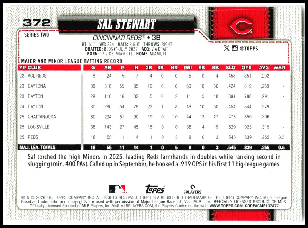 2026 Topps #372 Sal Stewart RC Cincinnati Reds