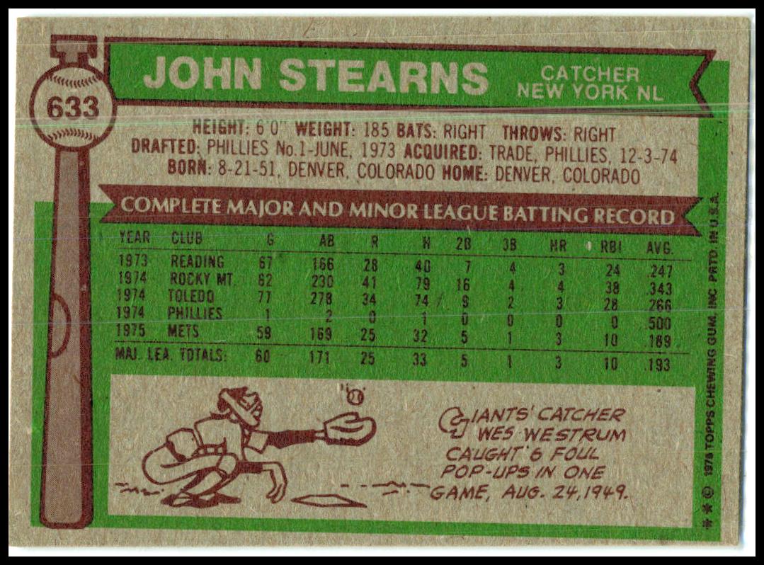 1976 Topps #633 John Stearns RC New York Mets