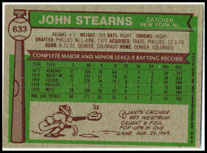 1976 Topps #633 John Stearns RC New York Mets