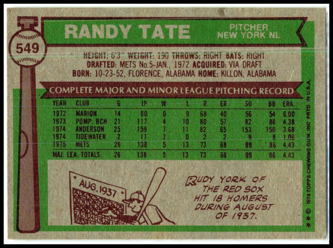 1976 Topps #549 Randy Tate RC New York Mets