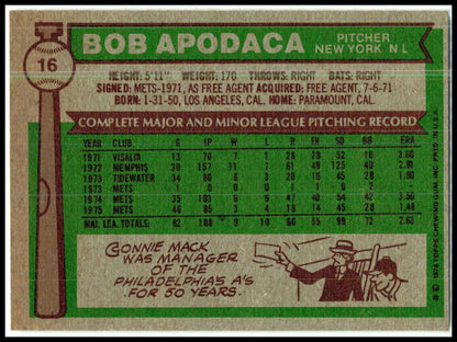1976 Topps #16 Bob Apodaca New York Mets