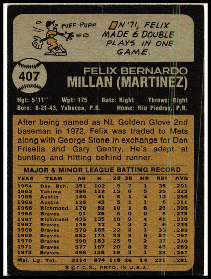 1973 Topps #407 Felix Millan New York Mets