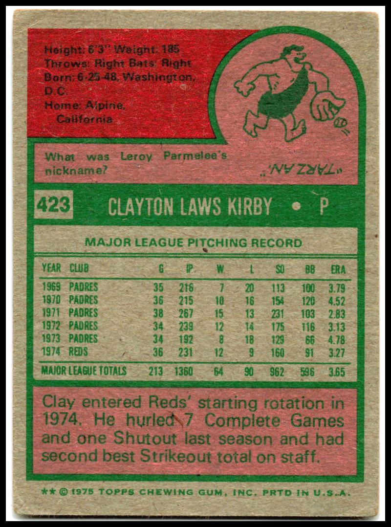1975 Topps #423 Clay Kirby Cincinnati Reds