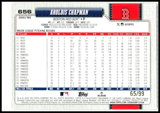 2026 Topps Holiday Hot Dog #656 Aroldis Chapman #/99 Boston Red Sox