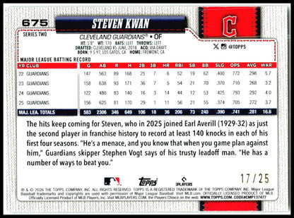 2026 Topps Memorial Day Camo #675 Steven Kwan #/25 Cleveland Guardians