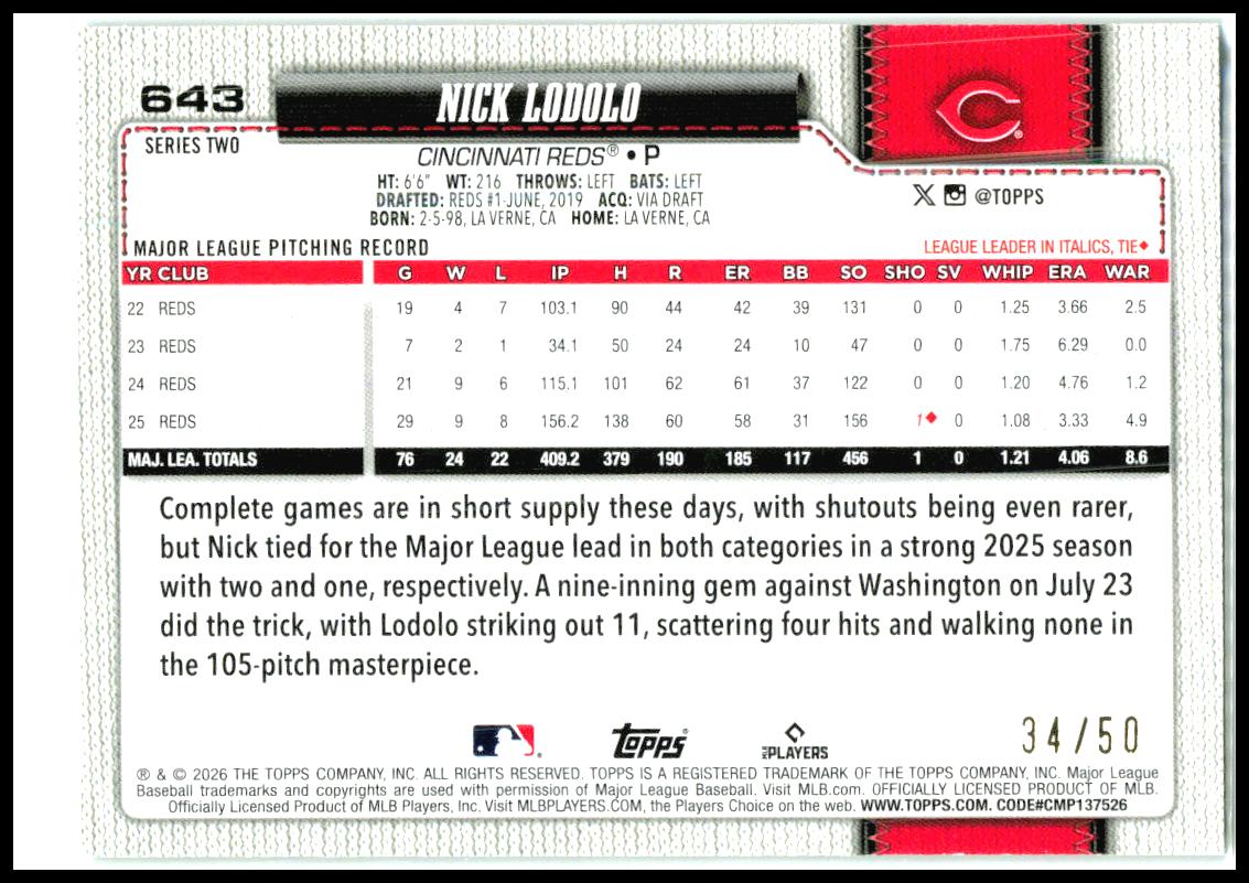 2026 Topps Holiday Ice Cream #643 Nick Lodolo #/50 Cincinnati Reds