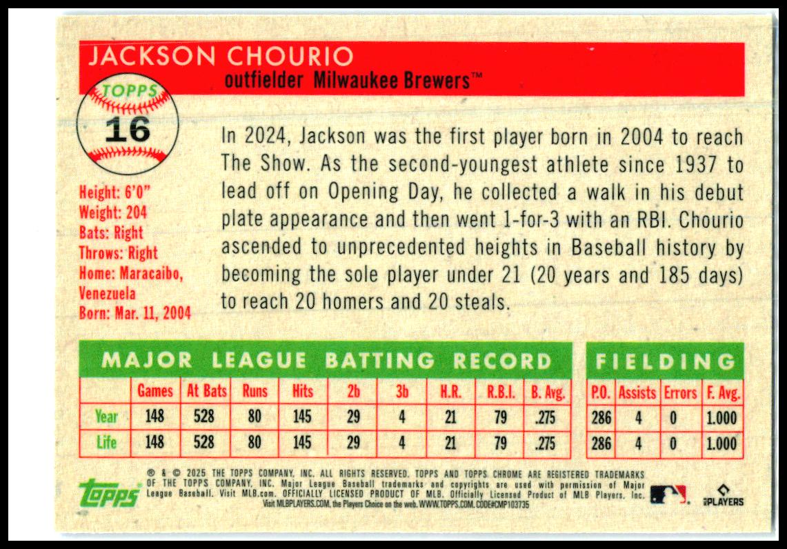 2025 Topps Chrome Platinum Blue Shimmer Refractors #16 Jackson Chourio Brewers