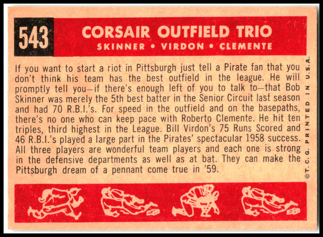 1959 Topps #543 Corsair Outfield Trio Skinner / Virdon / Clemente Pirates