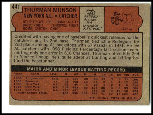 1972 Topps #441 Thurman Munson New York Yankees