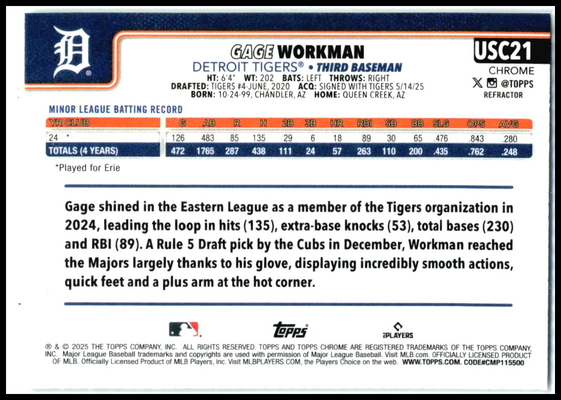 2025 Topps Chrome Update Refractors #USC21 Gage Workman RC Detroit Tigers