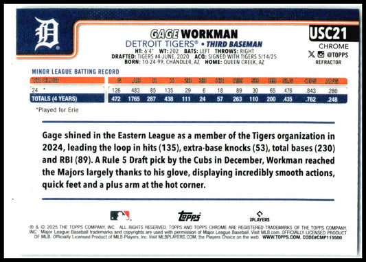 2025 Topps Chrome Update Refractors #USC21 Gage Workman RC Detroit Tigers