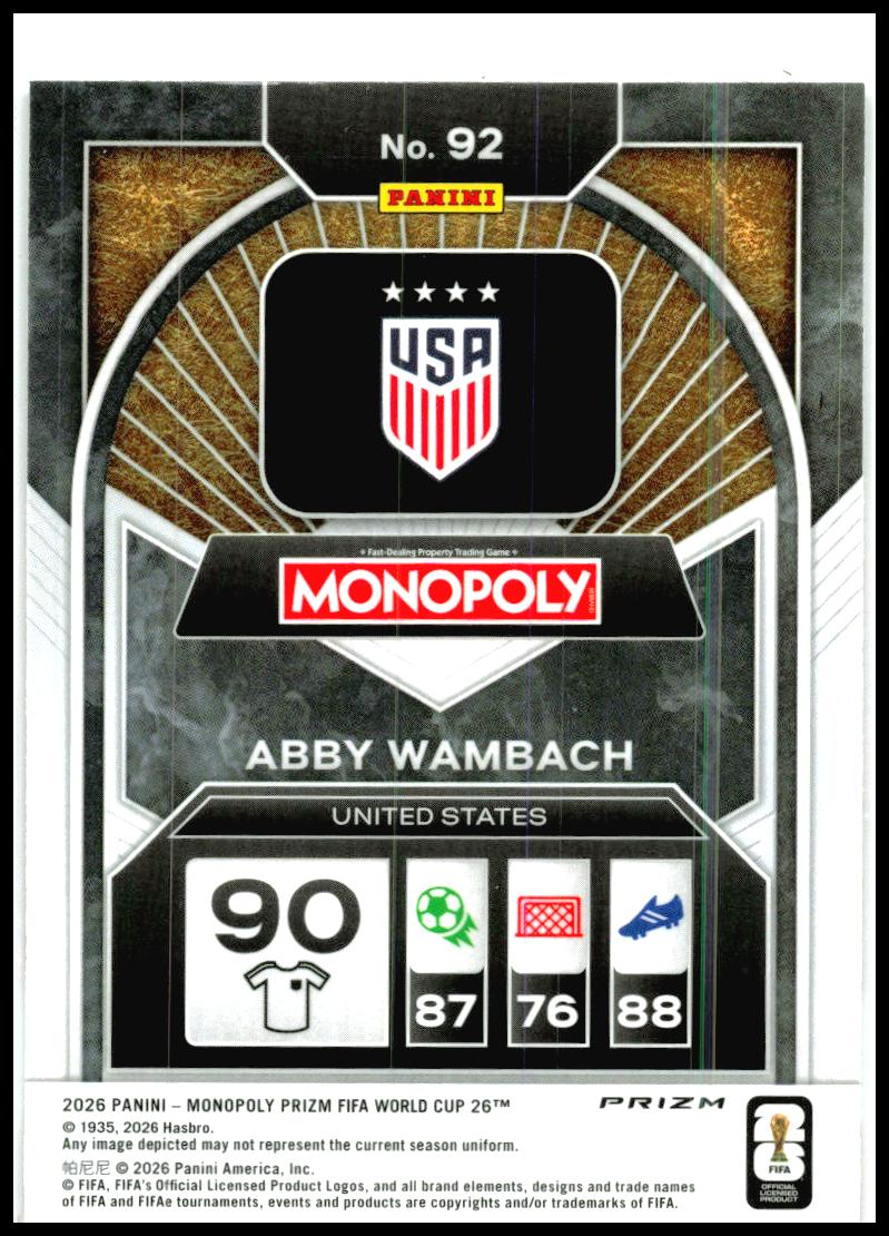 2026 Panini Prizm Monopoly FIFA World Cup Red Prizms #92 Abby Wambach USA