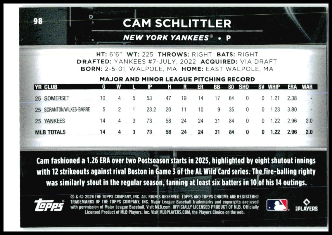 2026 Topps Chrome Black Purple Wave Refractors #98 Cam Schlittler RC Yankees