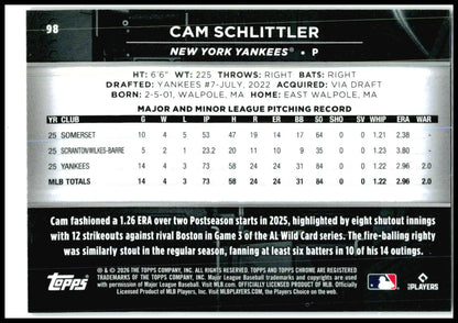 2026 Topps Chrome Black Purple Wave Refractors #98 Cam Schlittler RC Yankees