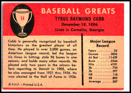 1961 Fleer Baseball Greats #14 Ty Cobb Detroit Tigers