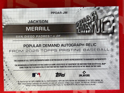 2025 Pristine Popular Demand Auto Relics Orange #/25 # Jackson Merrill AU Padres