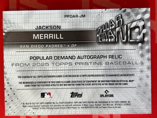 2025 Pristine Popular Demand Auto Relics Orange #/25 # Jackson Merrill AU Padres
