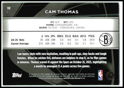 2025-26 Topps Chrome Black Green Refractor #32 Cam Thomas #/99 Brooklyn Nets