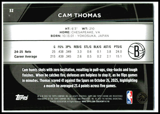 2025-26 Topps Chrome Black Green Refractor #32 Cam Thomas #/99 Brooklyn Nets
