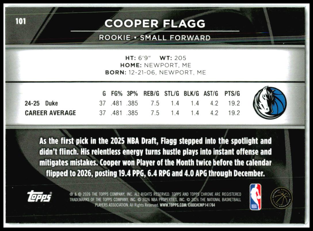 2025-26 Topps Chrome Black #101 Cooper Flagg RC Dallas Mavericks