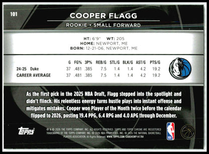 2025-26 Topps Chrome Black #101 Cooper Flagg RC Dallas Mavericks