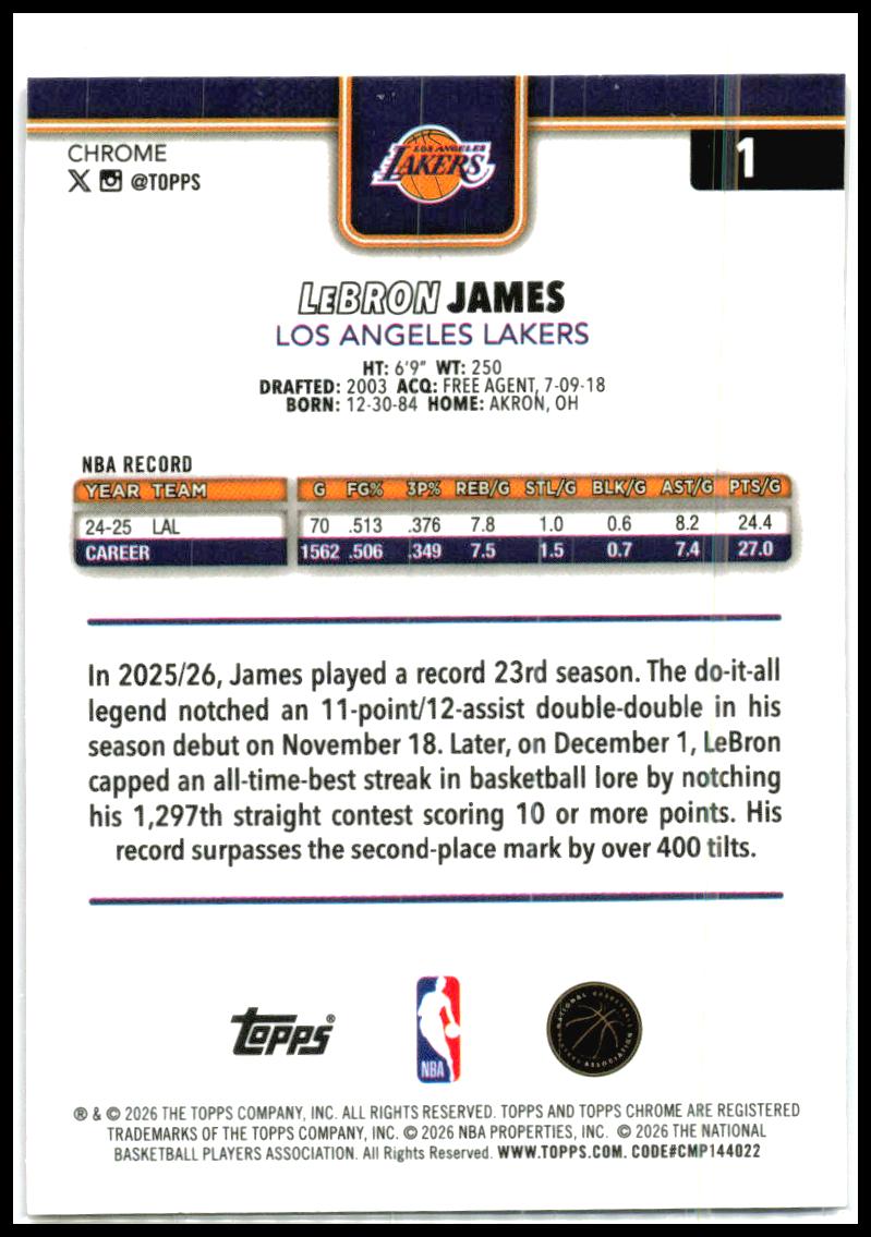 2025-26 Topps Chrome Update Magenta RayWave Refractor #1 LeBron James Lakers