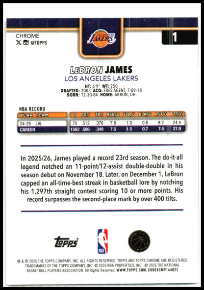 2025-26 Topps Chrome Update Magenta RayWave Refractor #1 LeBron James Lakers
