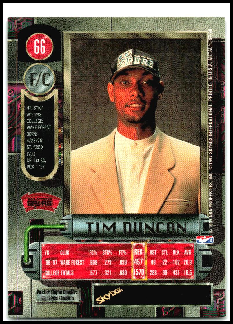1997-98 Metal Universe #66 Tim Duncan RC San Antonio Spurs