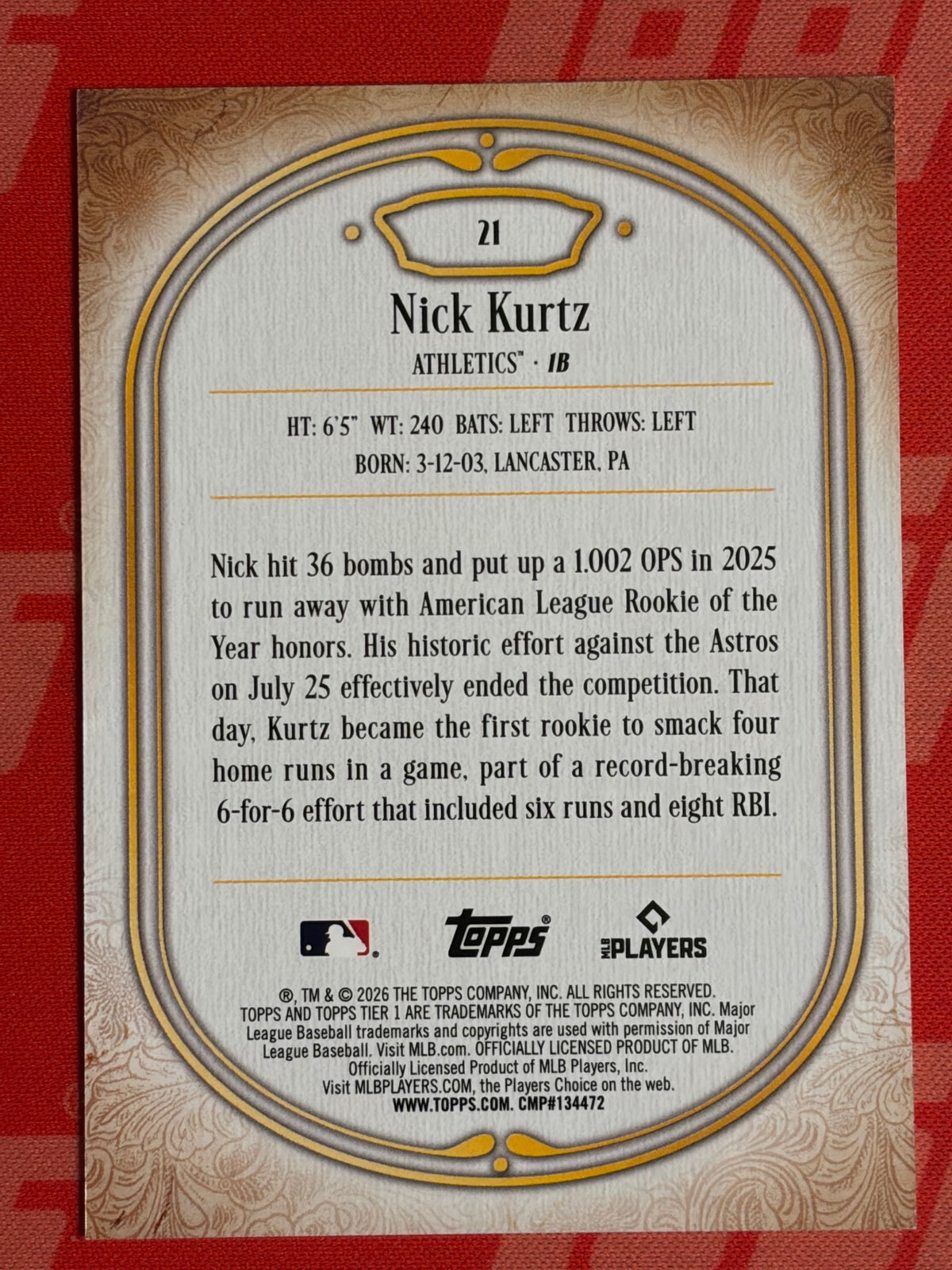2026 Topps Tier One #21 Nick Kurtz #/125 Athletics