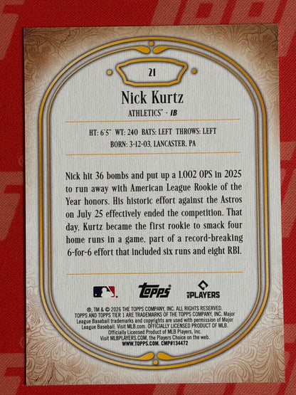 2026 Topps Tier One #21 Nick Kurtz #/125 Athletics