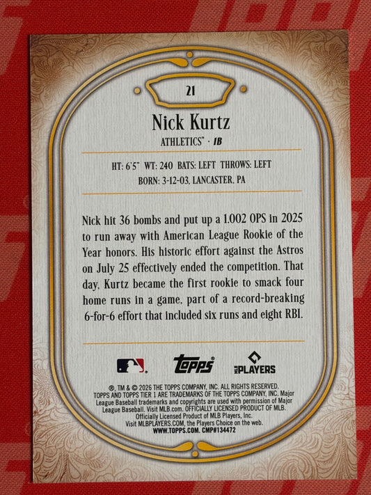 2026 Topps Tier One #21 Nick Kurtz #/125 Athletics