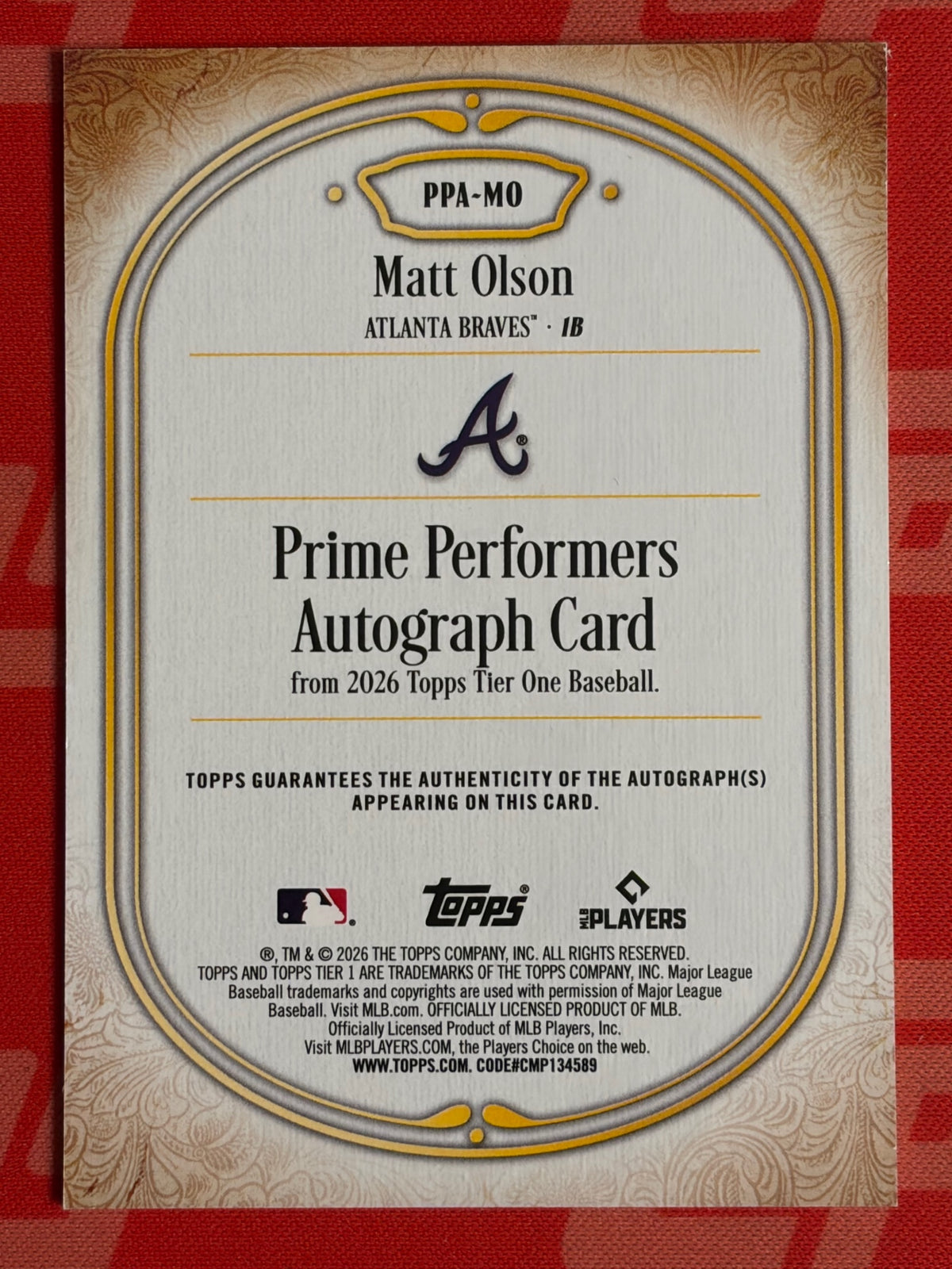 2026 Topps Tier One Prime Performers Auto Green #/125 # Matt Olson AU Braves