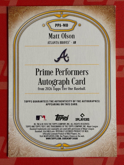 2026 Topps Tier One Prime Performers Auto Green #/125 # Matt Olson AU Braves