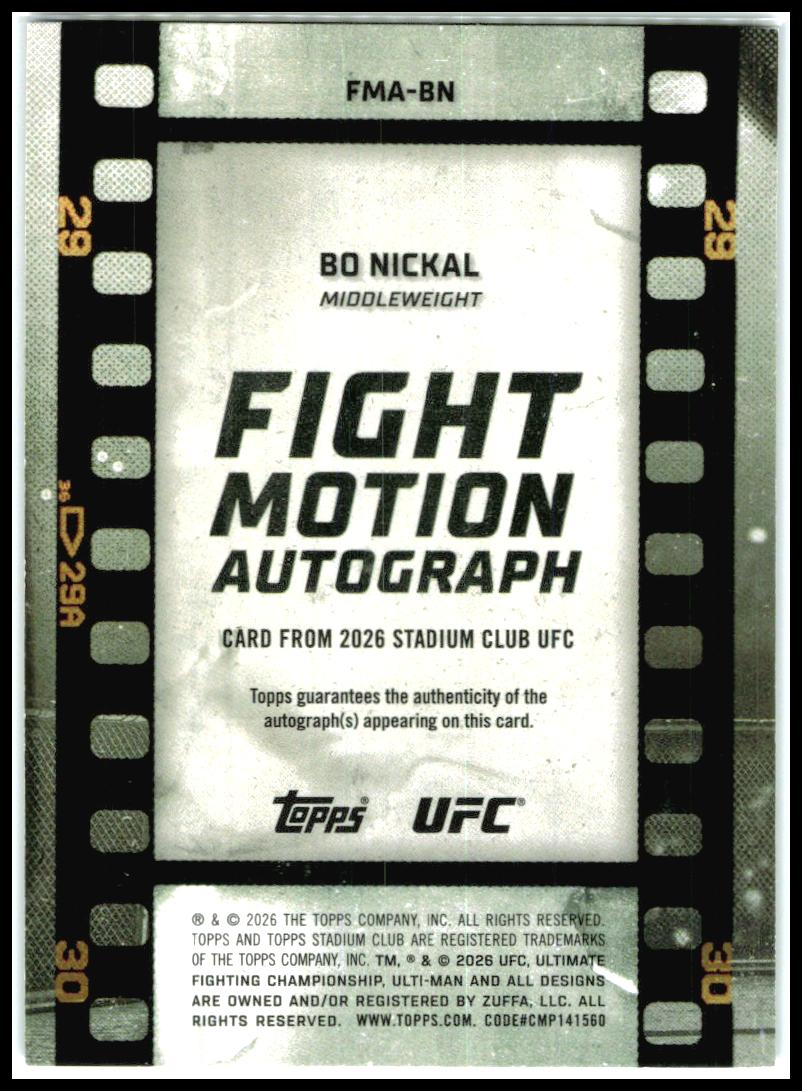 2026 Stadium Club UFC Fight Motion Auto Purple #/25 #FMA-BN Bo Nickal