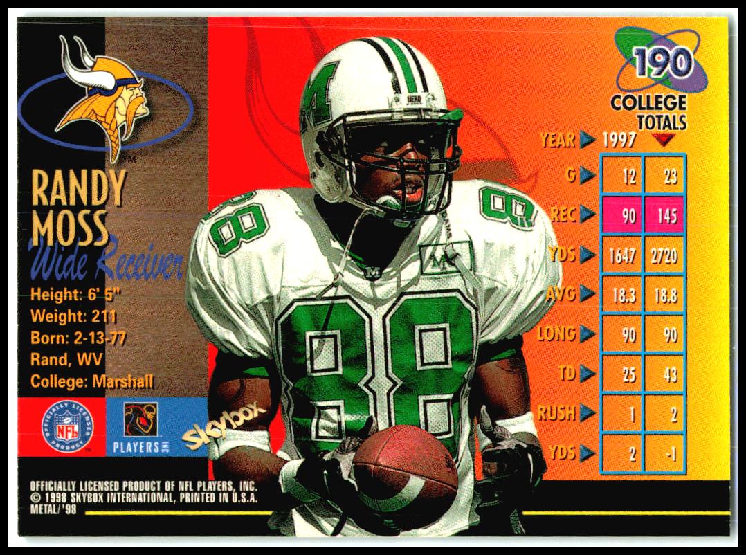 1998 Metal Universe #190 Randy Moss RC Minnesota Vikings