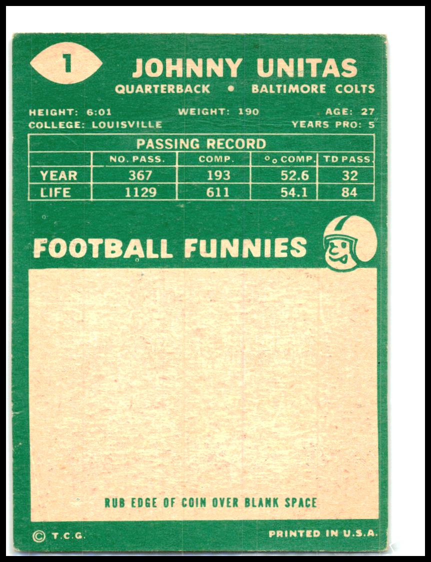 1960 Topps Crease #1 Johnny Unitas Baltimore Colts