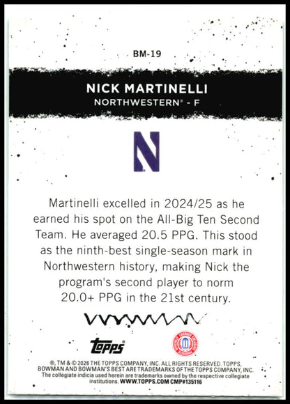 2026 Bowman Best Green Mini Diamond #/99 #BM-19 Nick Martinelli Northwestern