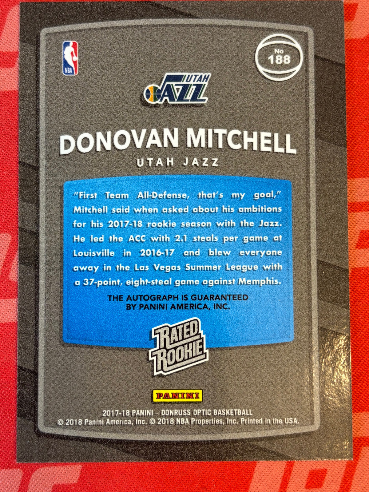 2017-18 Donruss Optic Rated Rookies Signatures #188 Donovan Mitchell RC AU Jazz