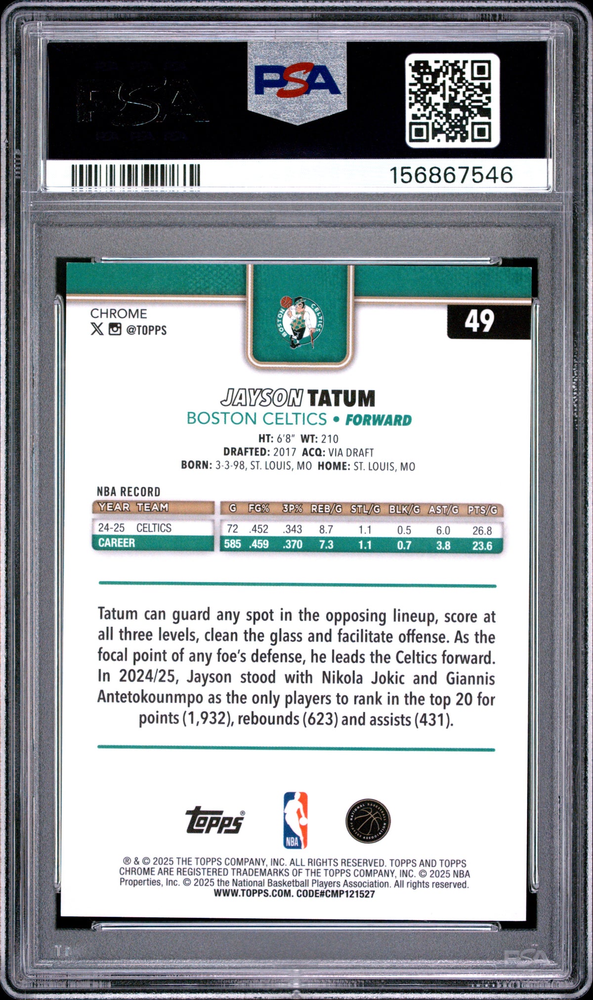 2025 Topps Chrome Image Var-Orange Speckle #49 Jayson Tatum PSA 9 Mint