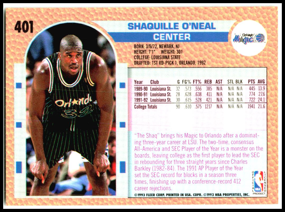 1992-93 Fleer #401 Shaquille O'Neal Orlando Magic