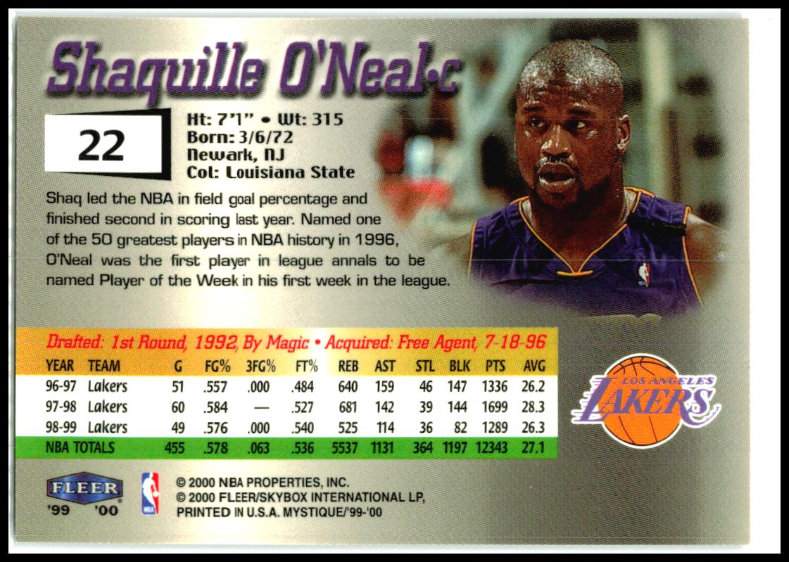 1999-00 Fleer Mystique #22 Shaquille O'Neal Los Angeles Lakers