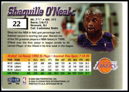 1999-00 Fleer Mystique #22 Shaquille O'Neal Los Angeles Lakers