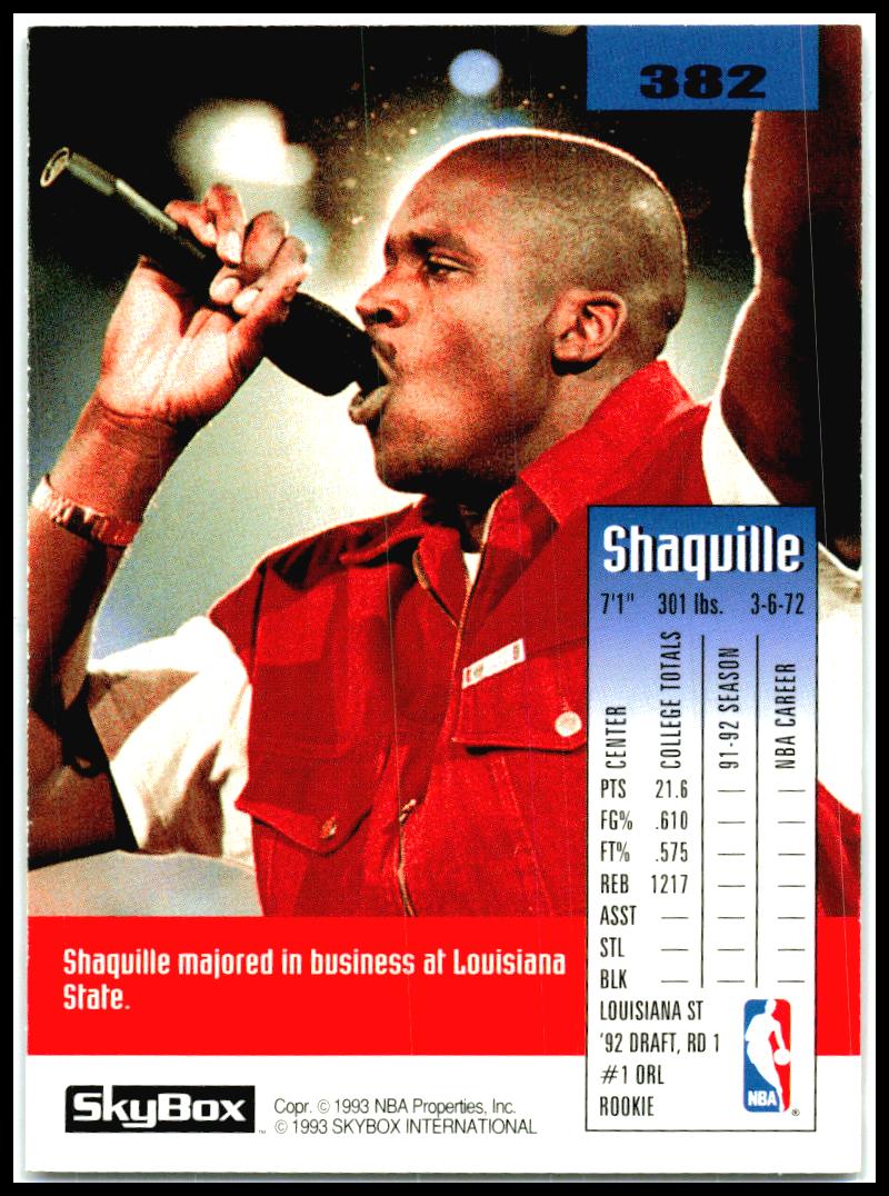 1992-93 SkyBox #382 Shaquille O'Neal RC Orlando Magic