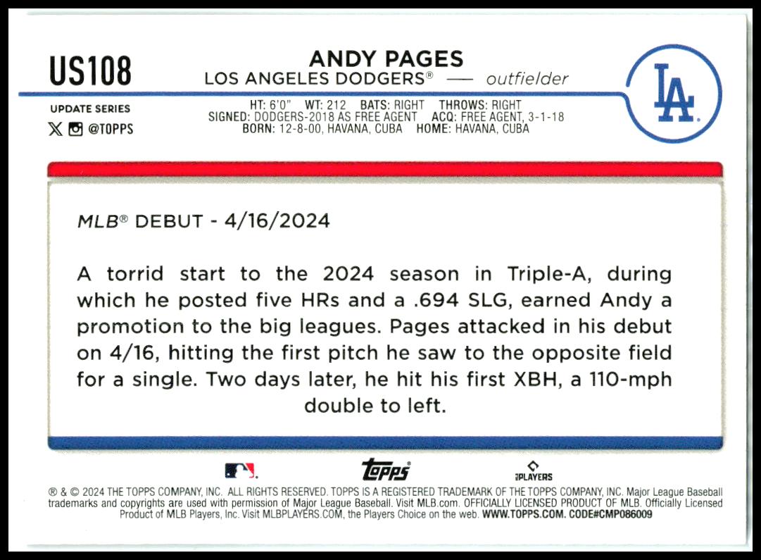 2024 Topps Update Silver Crackle Foilboard #US108 Andy Pages Los Angeles Dodgers