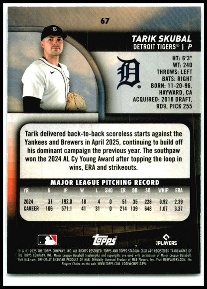 2025 Stadium Club Black and White #67 Tarik Skubal Detroit Tigers