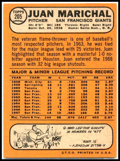 1968 Topps HOF #205 Juan Marichal San Francisco Giants