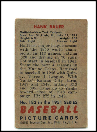 1951 Bowman Crease #183 Hank Bauer New York Yankees