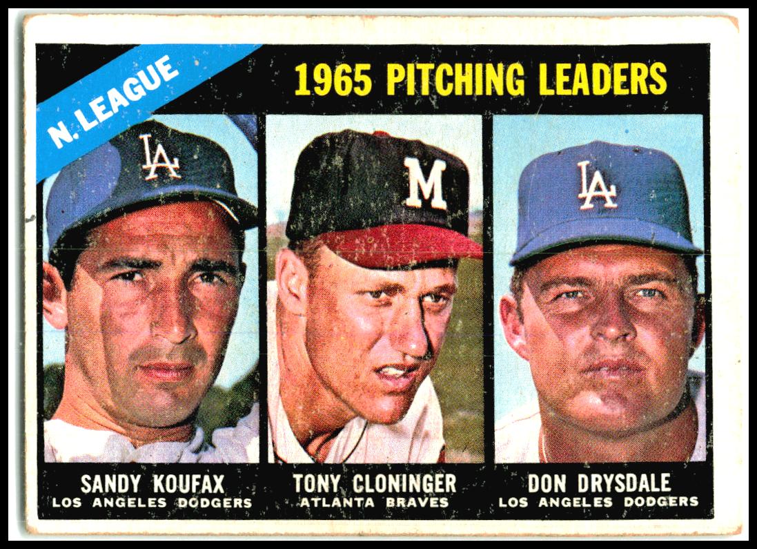 1966 Topps #223 National League 1965 Pitching Leaders Koufax / Drysdale